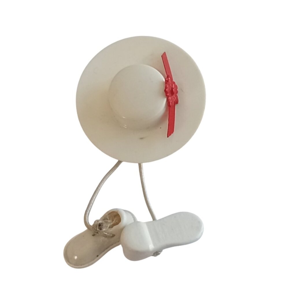 Vintage White Plastic Hat, Red Bow Pin with Dangle Shoes
